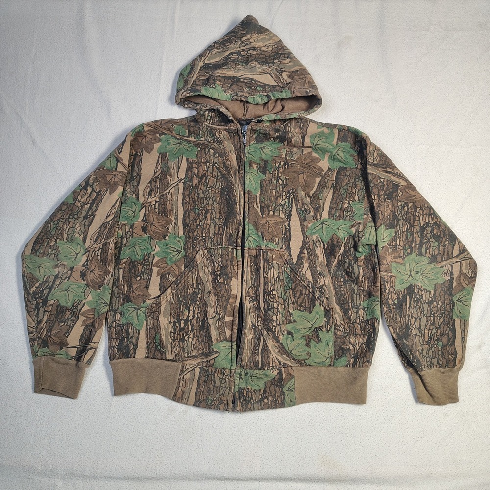 Vintage Ace Sportswear Mens Full Zip Hoodie XL Brown Camo Flocked Tree Print USA